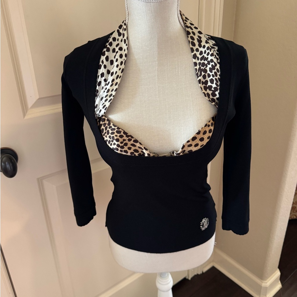Roberto Cavalli Black Top with Animal Print Bra Top